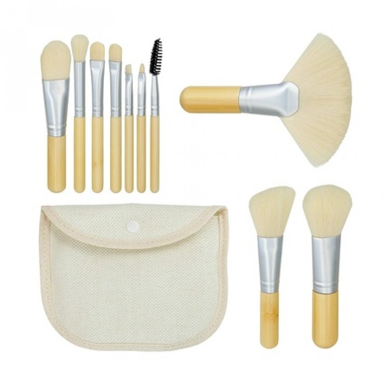 T4B MIMO Set Travel Size Bamboo Makeup Brushes with Cotton Case Cream 10 Pieces