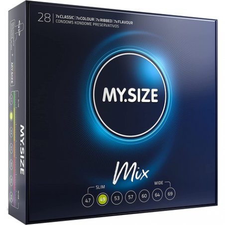 MY.SIZE Mix Condoms Flavoured, Coloured, Ribbed & Classic 28 Condoms Size 2 49mm - Pack of 28