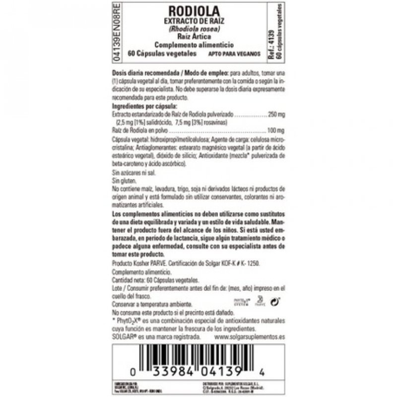 Solgar Rhodiola Root Extract 60 Vegetable Capsules - Stress Support - Standardized Full Potency (SFP) - Non-GMO Vegan