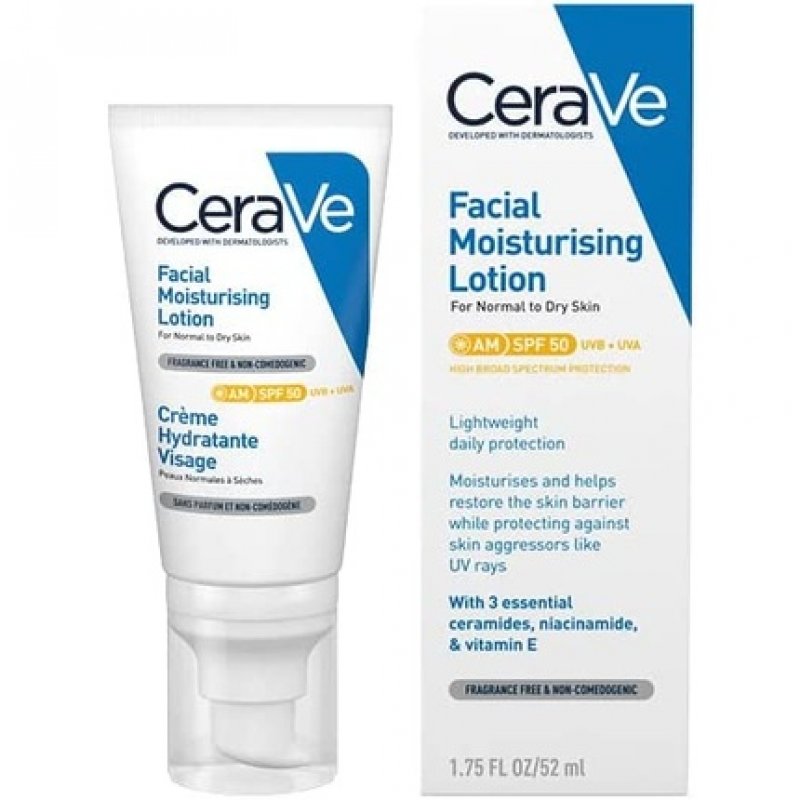 CeraVe AM Facial Moisturizing Lotion SPF50 with Ceramides and Vitamin E for Normal to Dry Skin 52ml