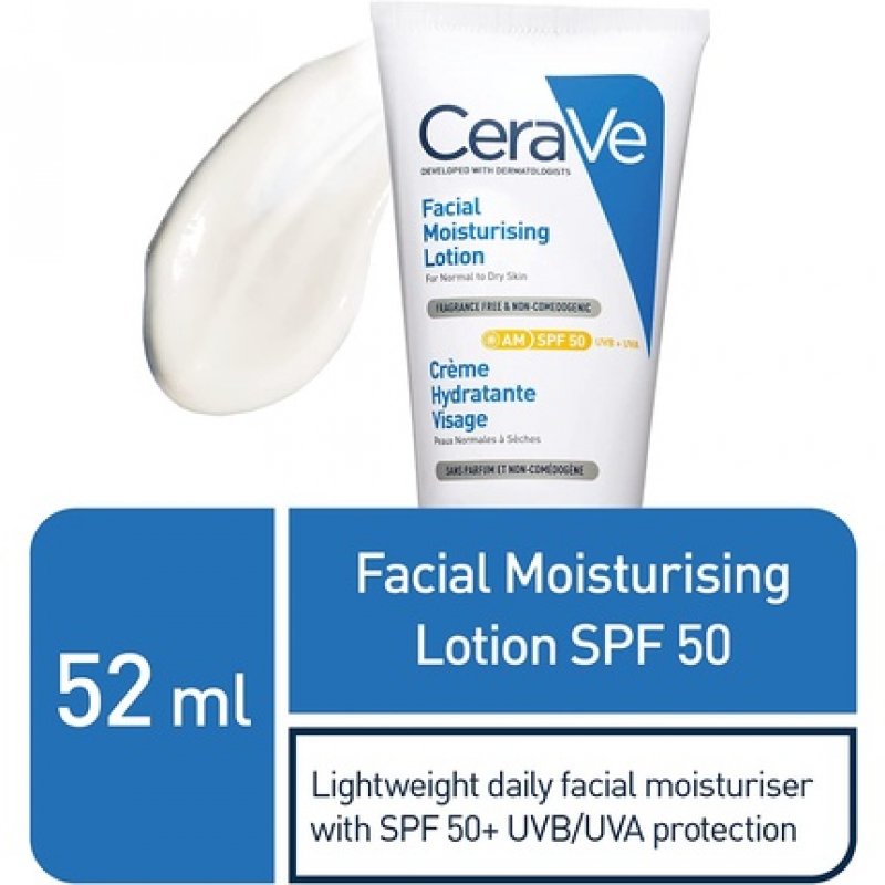 CeraVe AM Facial Moisturizing Lotion SPF50 with Ceramides and Vitamin E for Normal to Dry Skin 52ml