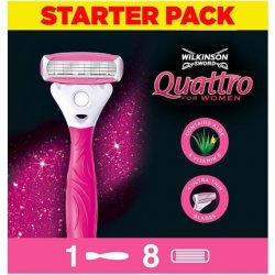 Wilkinson Sword Quattro For Women Smooth Glide Razor Handle 8 Blade Refills 9 Piece Set