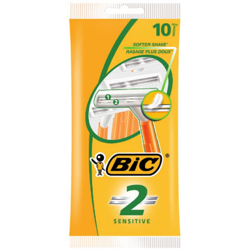 BIC 2 Sensitive Men's Razors Twin Blade 10 Razors Non-Refillable Razors with Stainless Steel Blades