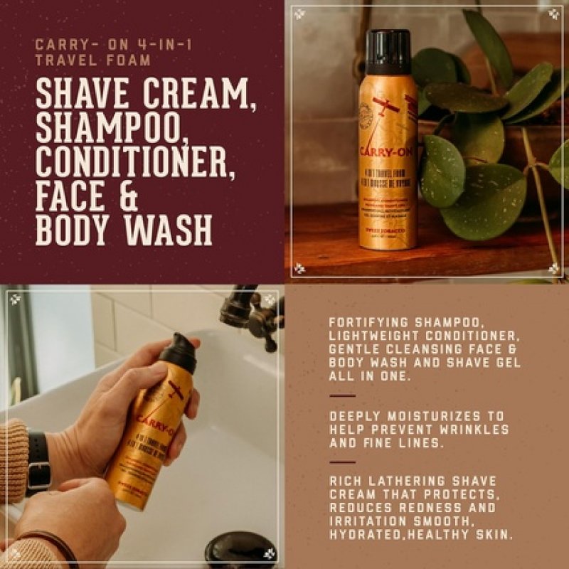 18.21 Man Made Carry On 4-in-1 Travel Foam Shampoo Conditioner Wash & Shave 3.4 fl. oz Sweet Tobacco