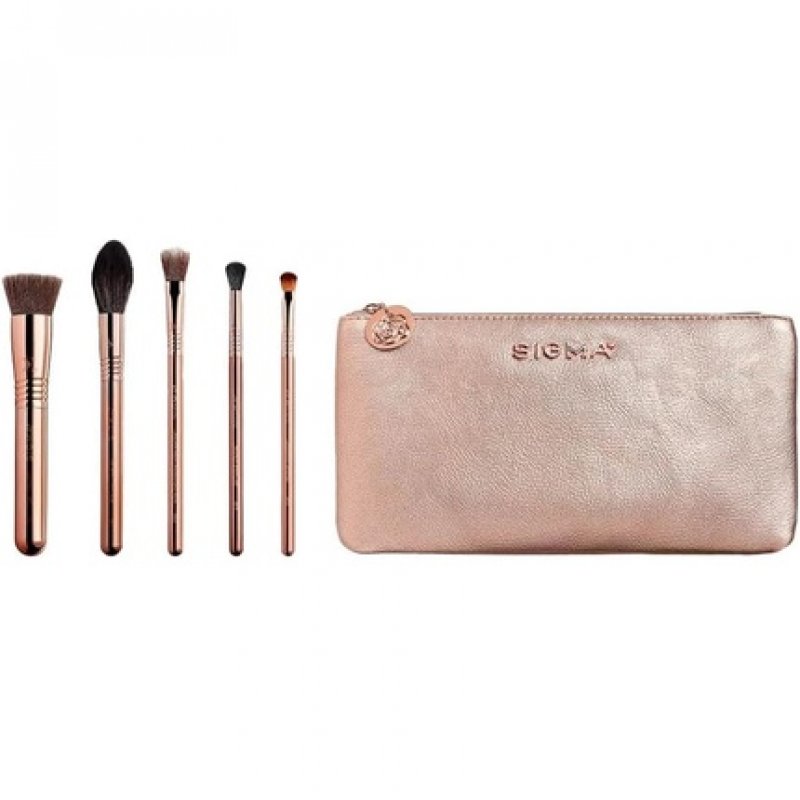 Sigma Beauty Iconic Rose Gold Brush Set 5 Makeup Brushes and Makeup Bag - Travel Size