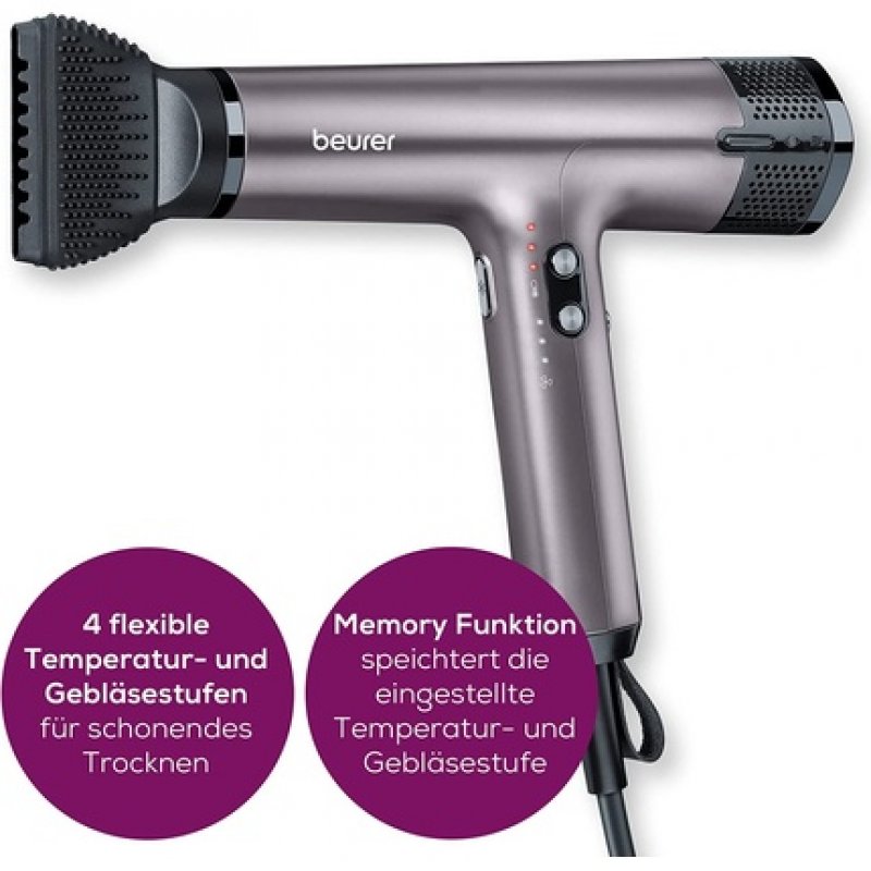 Beurer HC 100 Excellence Hair Dryer with Digital Motor 4 Temperature and Blower Settings Styling Nozzle and Diffuser