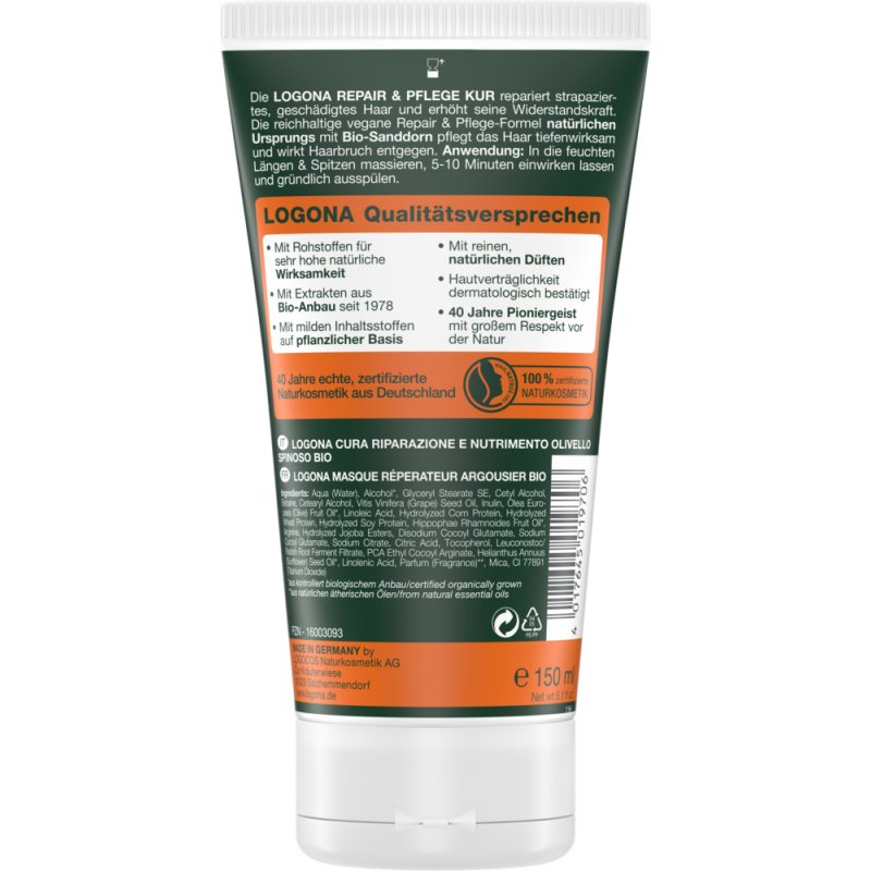 LOGONA Repair & CareOrganic Sea Buckthorn masque pour cheveux 150 ml Unisexe