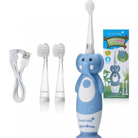 Brush-Baby WildOnes Kids Electric Rechargeable Toothbrush Elephant 1 Handle 3 Brush Head USB Charging Cable for Ages