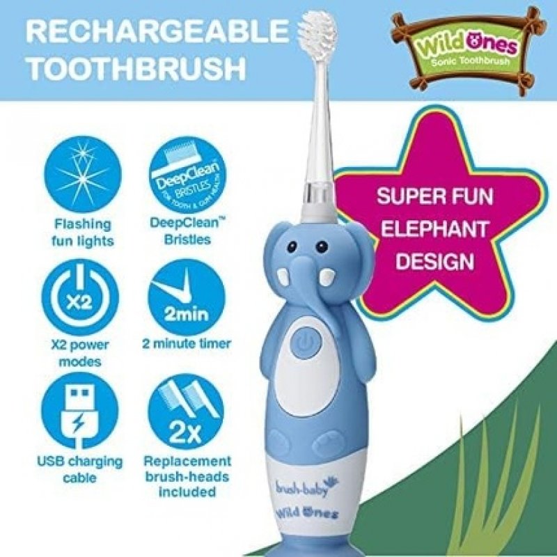 Brush-Baby WildOnes Kids Electric Rechargeable Toothbrush Elephant 1 Handle 3 Brush Head USB Charging Cable for Ages