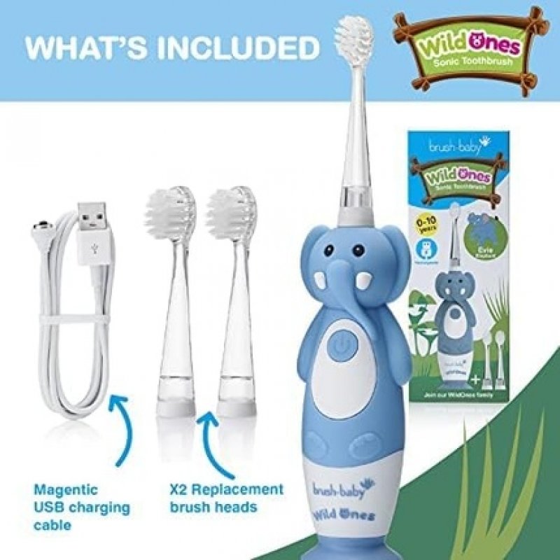 Brush-Baby WildOnes Kids Electric Rechargeable Toothbrush Elephant 1 Handle 3 Brush Head USB Charging Cable for Ages