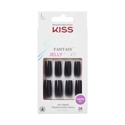 KISS Gel Fantasy Press On Nails Jelly Gelée Black Long Square Shape 28 Nails 2g Glue 1 Manicure Stick 1 Mini File Pink