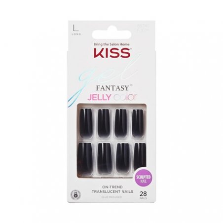 KISS Gel Fantasy Press On Nails Jelly Gelée Black Long Square Shape 28 Nails 2g Glue 1 Manicure Stick 1 Mini File Pink