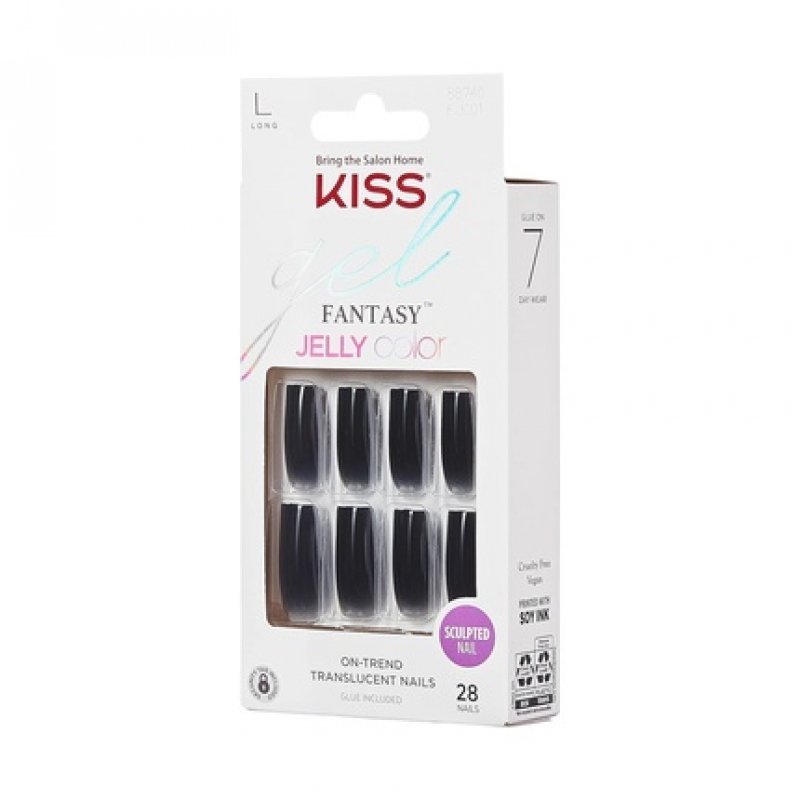 KISS Gel Fantasy Press On Nails Jelly Gelée Black Long Square Shape 28 Nails 2g Glue 1 Manicure Stick 1 Mini File Pink