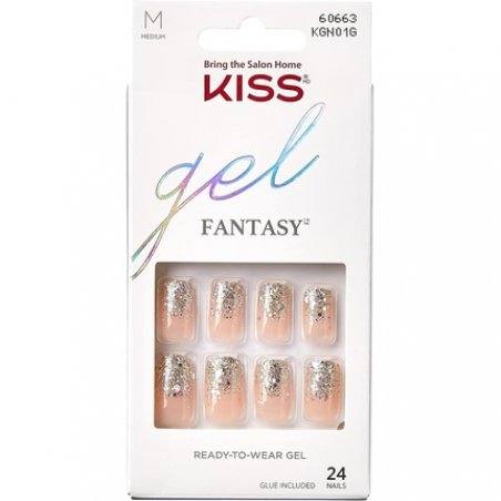 KISS Gel Fantasy Collection Glue-On Manicure Kit Fanciful Medium Length Square Fake Nails 24 Count