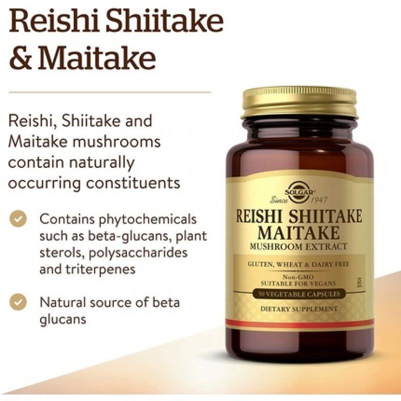 Solgar Reishi Shiitake Maitake Mushroom Extract Adaptogen Complex 50 Capsules