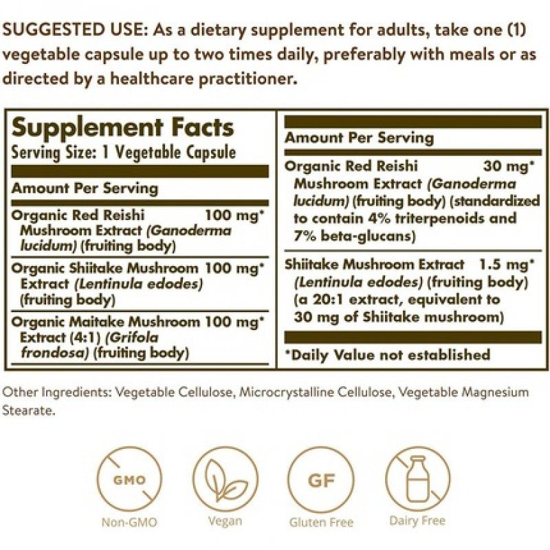 Solgar Reishi Shiitake Maitake Mushroom Extract Adaptogen Complex 50 Capsules