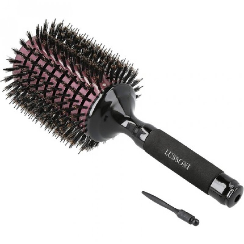 T4B LUSSONI Round Wooden Hair Brush for Styling Long and Thick Hair with Boar Bristles and Nylon Pins Ceramic Coating