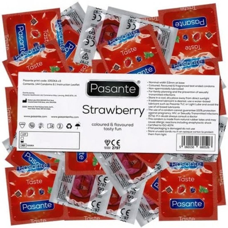 Pasante Strawberry Flavored Condoms for Oral Sex 144 Pack