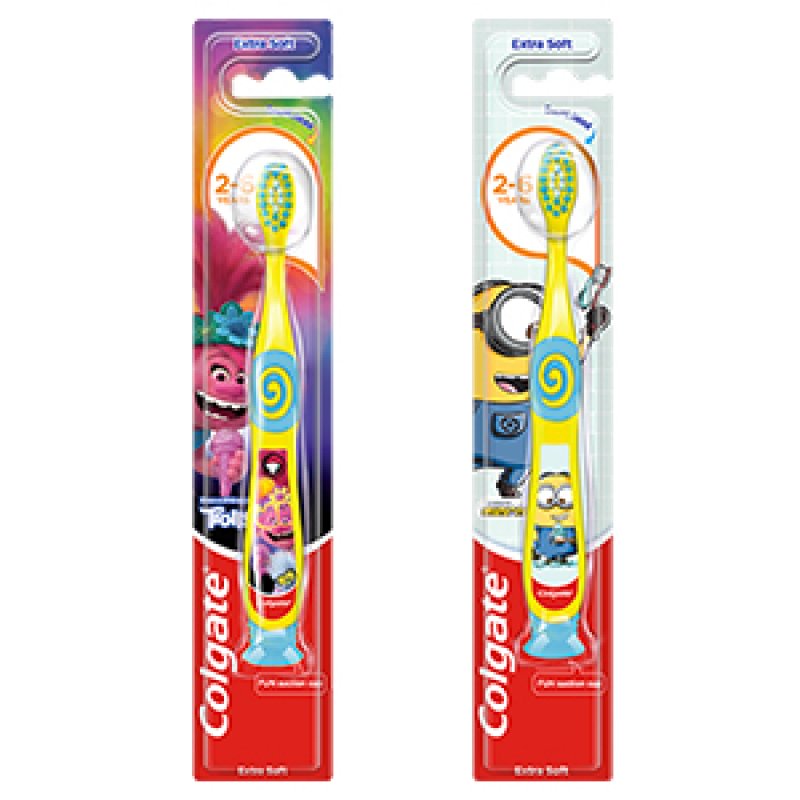Colgate Smiles Toothbrush for Children 4-6 Years Extra Gentle with Suction Cup Minions or Trolls Design