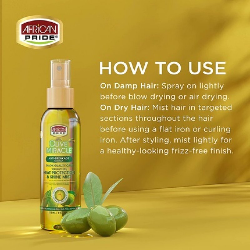 African Pride Olive Miracle Weightless Heat Protection and Hair Shine Mist with Olive and Tea Tree Oils 4oz