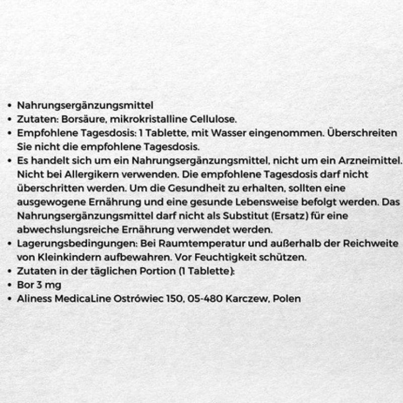 Aliness Bor 3mg Boric Acid Dietary Supplement 100 Tablets