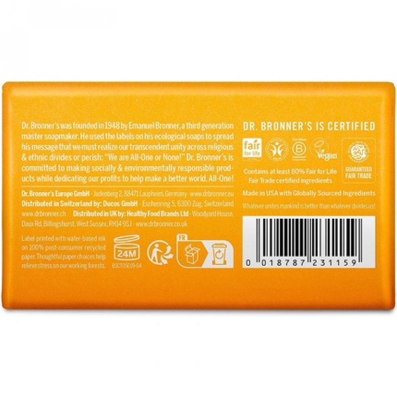 Dr Bronner's Citrus Orange Pure Castile Bar Soap 140g