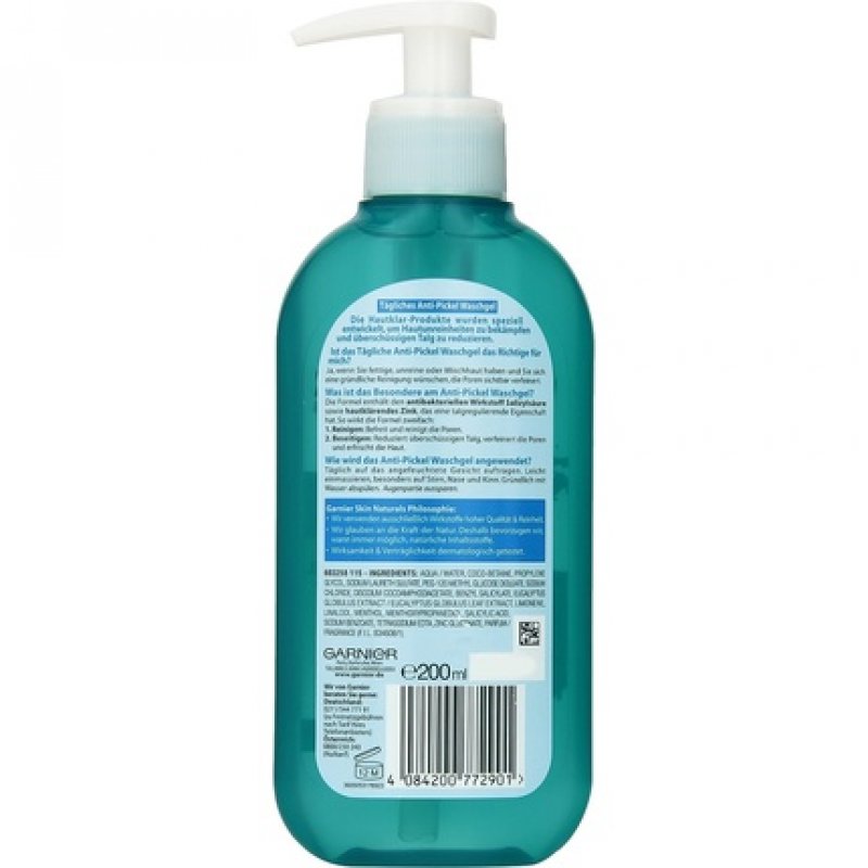 Garnier Skin Clear Anti-Spot Wash Gel Daily Facial Cleansing for Visibly Purer Skin Antibacterial 200ml
