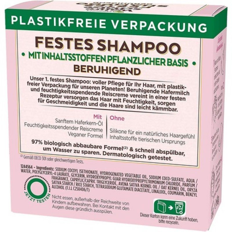 Garnier Solid Shampoo Gentle Oat Milk with Soothing Oat Milk for Sensitive Hair Biodegradable Formula Vegan True