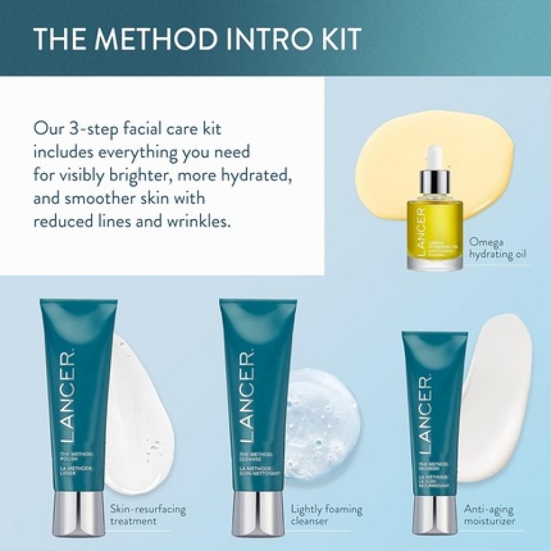 Lancer Skincare The Method Intro Kit 3-Step Anti-Aging Facial Exfoliator Cleanser and Moisturizer for Glowing Skin