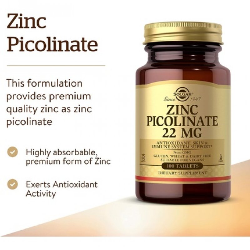 Solgar Zinc Picolinate 22mg Tablets - Healthy Skin, Hair and Nails - Highly Absorbable Premium Form, Easy to Swallow -
