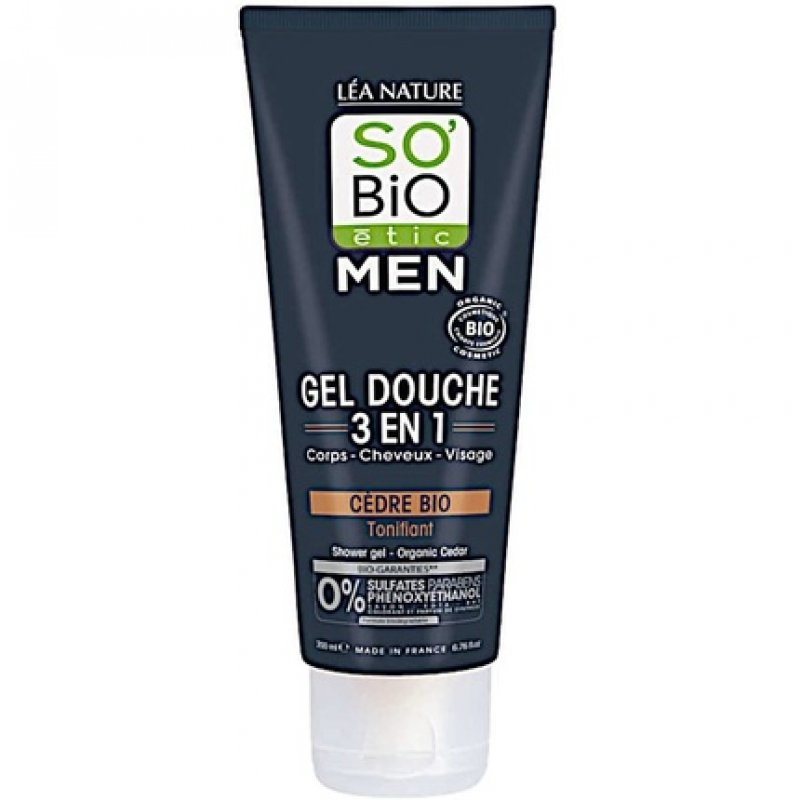 So'Bio étic Organic Cedar Men's Shower Gel 3 in 1 Toning - Face, Body and Hair - 200ml