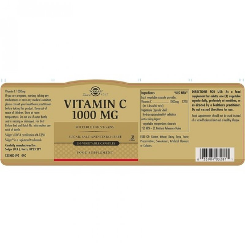 Solgar 1000mg Vitamin C Vegetable Capsules 250 Pack - Contributes to Healthy Immune System - Free from Sugar, Salt, and