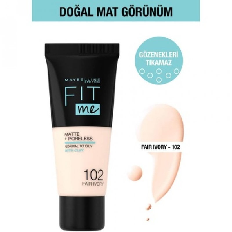 Maybelline Fit Me Foundation Matte & Poreless Full Coverage Blendable for Normal to Oily Skin 102 Fair Ivory 30ml