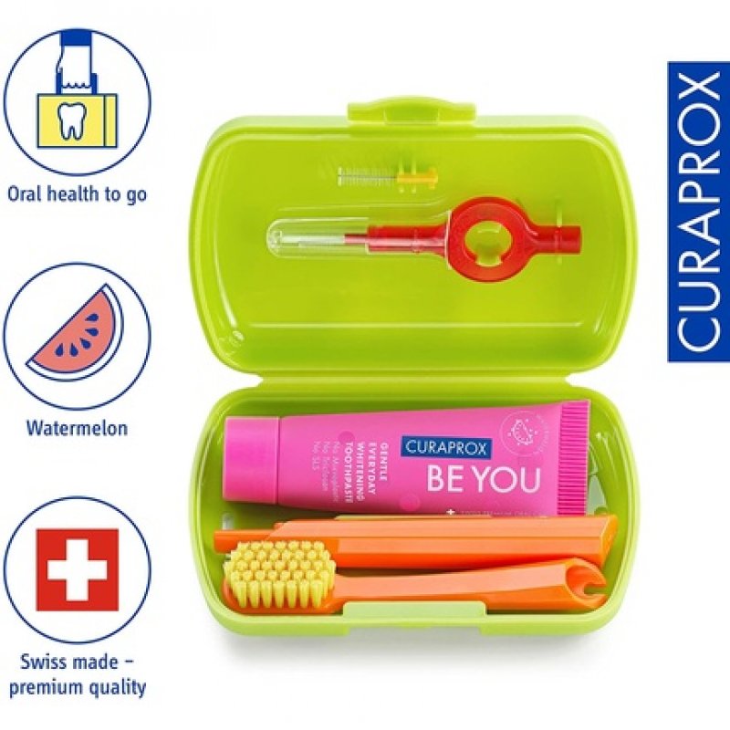 Curaprox Green Travel Set - Collapsible Travel Toothbrush CS 5460 with 'Be You' Travel Toothpaste and 2 Interdental