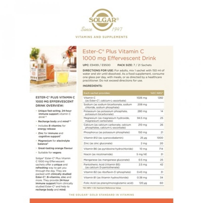 Solgar Ester-C Plus Effervescent Vitamin C 1000mg Drink Powder 21 Pack
