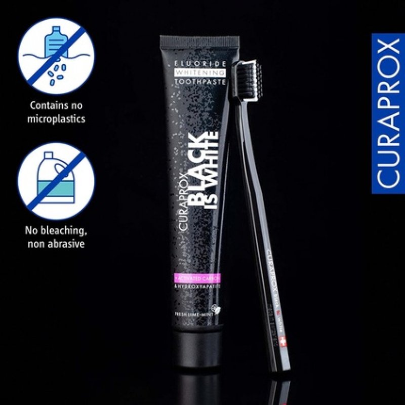 Curaprox Black is White Toothpaste 60ml CS 5460 Ultra-Soft Toothbrush Activated Charcoal Whitening Toothpaste Set 2