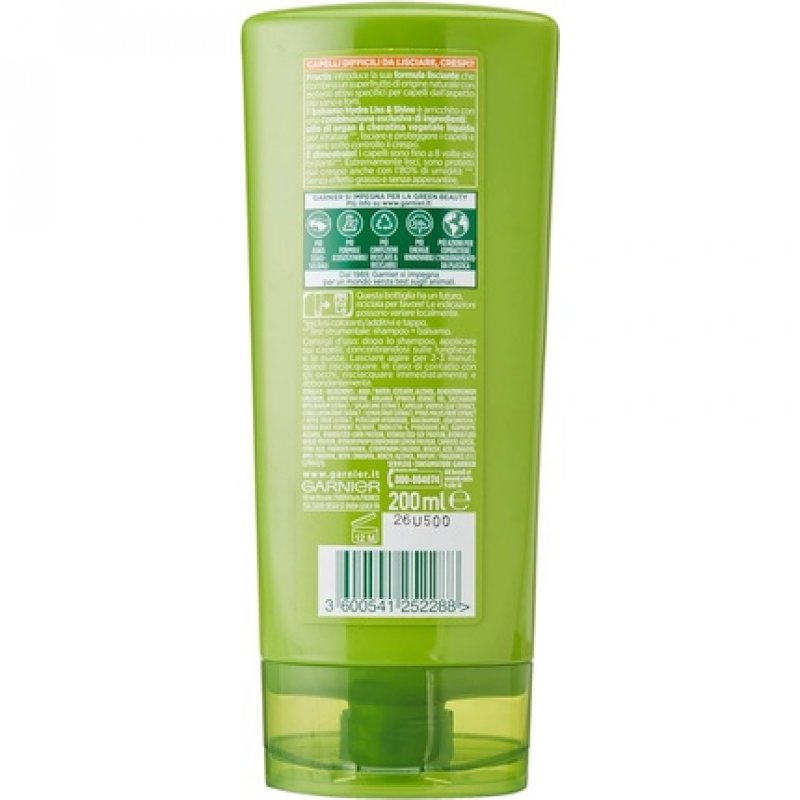 Garnier Fructis Hair Conditioner for Frizzy, Shiny Hair with Argan Oil and Plant Keratin Hydra Liss & Shine 200ml