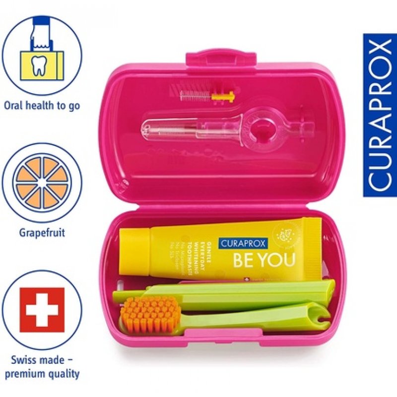Curaprox Travel Set Red - Collapsible Travel Toothbrush CS 5460 with 'Be You' Travel Toothpaste and 2 Interdental