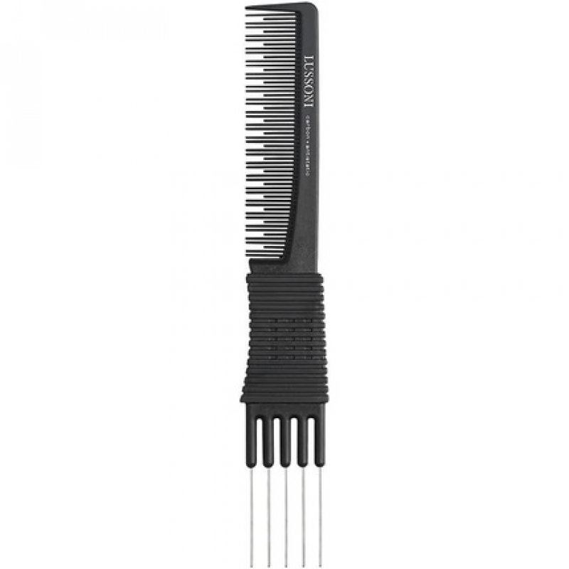 T4B Lussoni Lift Comb LC 200 Carbon Teasing Comb with Metal Pick and Anti-Static Teeth 28x6x190mm