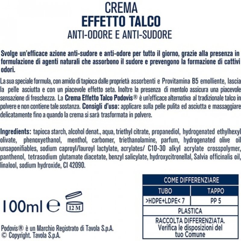 Podovis Talcum Effect Cream Anti Odour Foot Cream 100ml