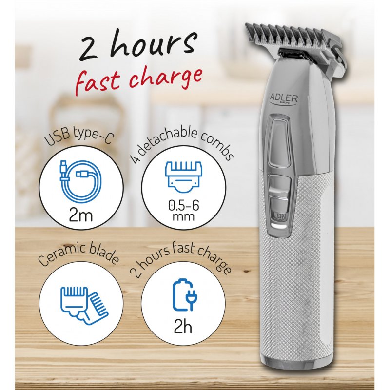 Adler AD 2836s Professional Metallic Trimmer 100W Hair Clipper Hair Trimmer Silver