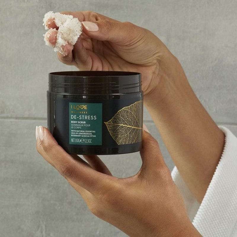 I Love Wellness DESTRESS Body Scrub with Lemongrass, Rosemary & Eucalyptus Essential Oils 350g