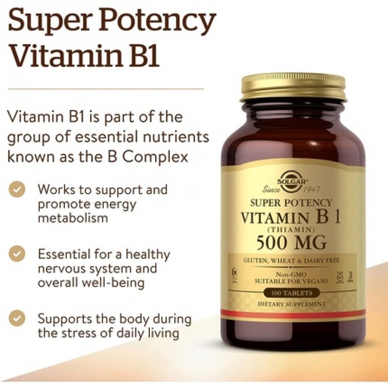 Solgar Vitamin B1 500mg Tablets Supports Energy Metabolism and Nervous System