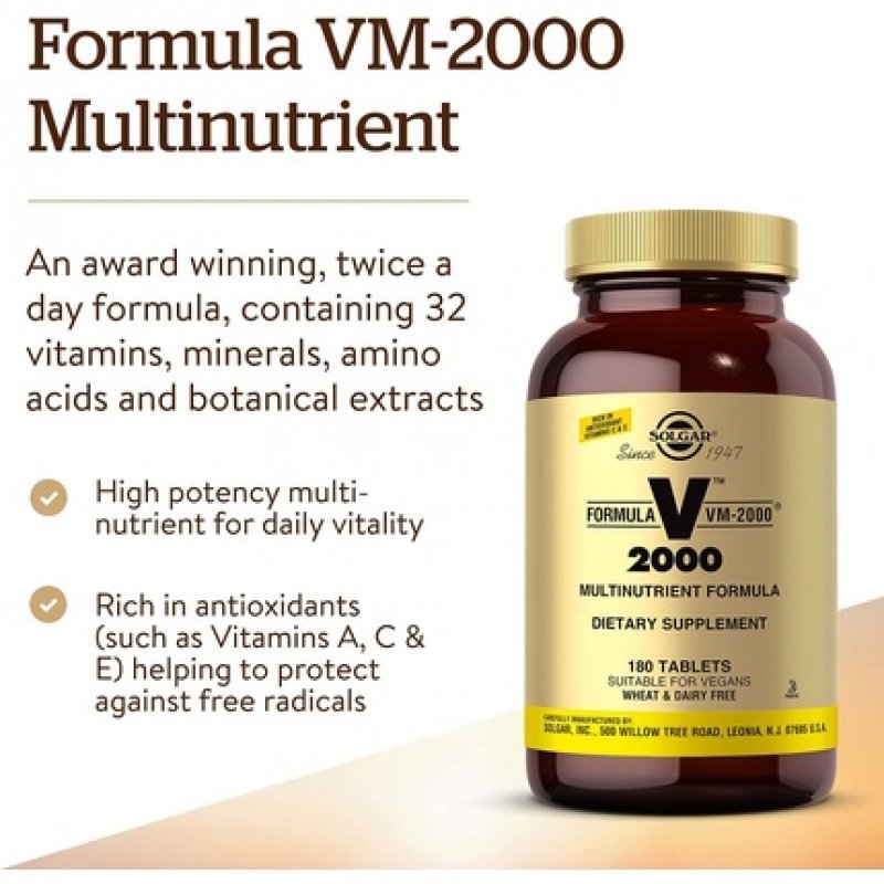 Solgar Formula VM-2000 Tablets Multivitamin and Mineral Formula for Daily Vitality 180 Tablets - Vegan