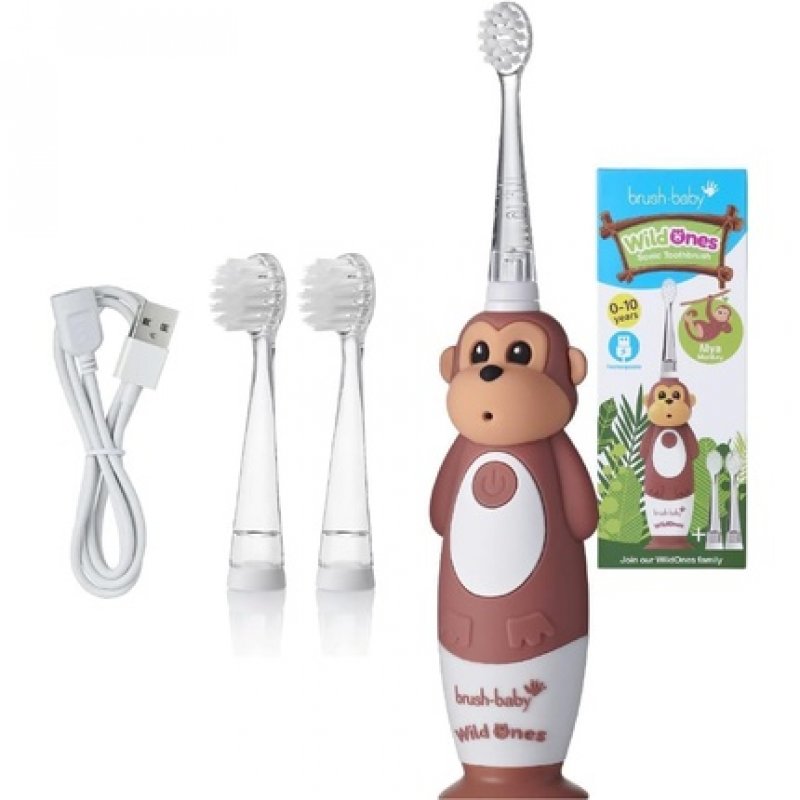 Brush-Baby WildOnes Kids Electric Rechargeable Toothbrush 1 Handle Brush Head USB Charging Cable for Ages 0-10 Monkey