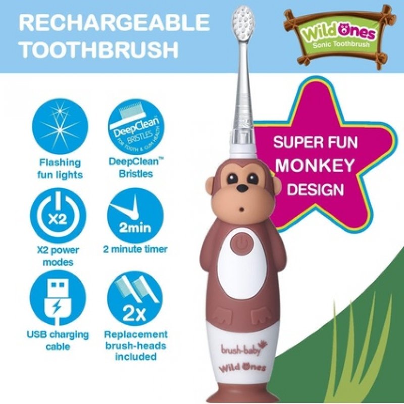 Brush-Baby WildOnes Kids Electric Rechargeable Toothbrush 1 Handle Brush Head USB Charging Cable for Ages 0-10 Monkey