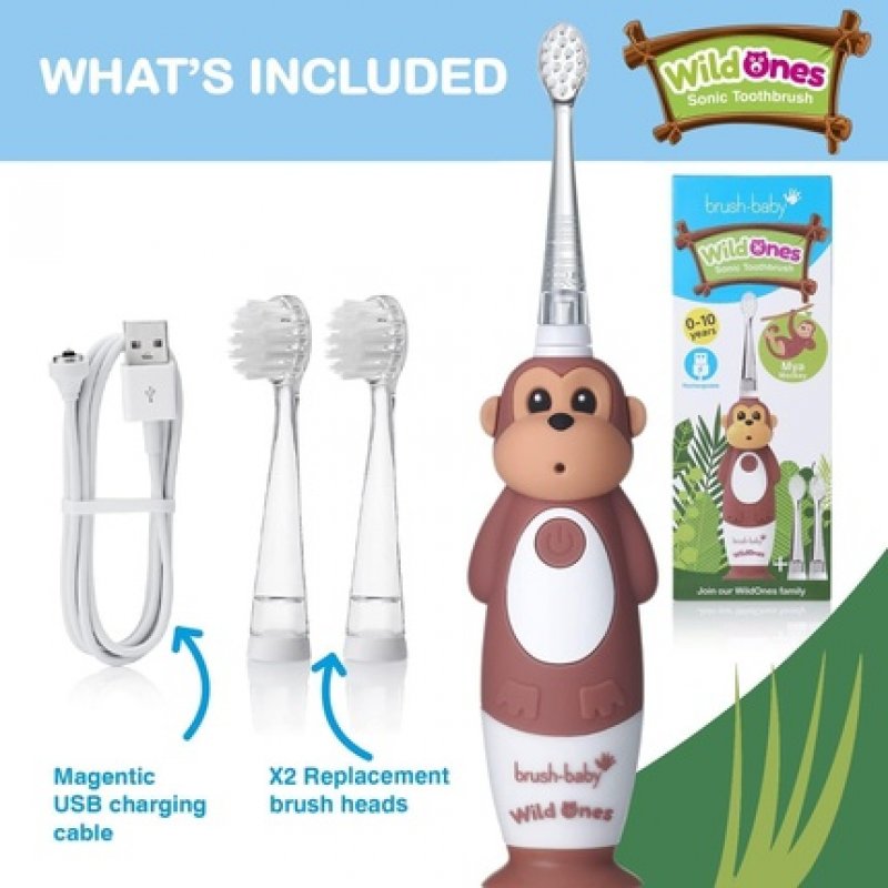 Brush-Baby WildOnes Kids Electric Rechargeable Toothbrush 1 Handle Brush Head USB Charging Cable for Ages 0-10 Monkey
