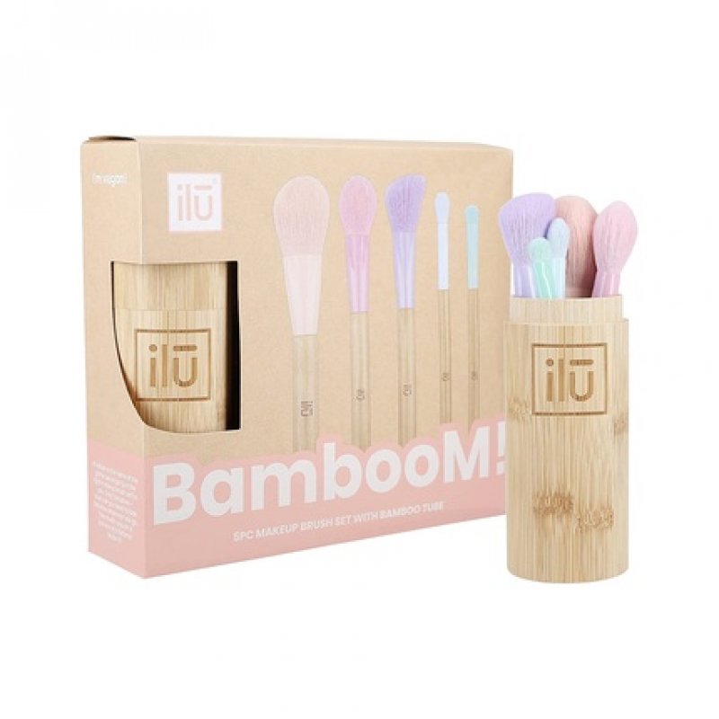 T4B ilu BambooM! Set of 5 Makeup Brushes with Bamboo Tube for Contouring, Blush, Powder, Eyeshadow, and Shading -