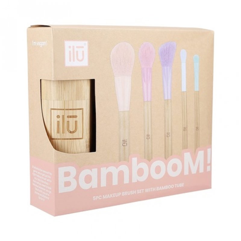 T4B ilu BambooM! Set of 5 Makeup Brushes with Bamboo Tube for Contouring, Blush, Powder, Eyeshadow, and Shading -
