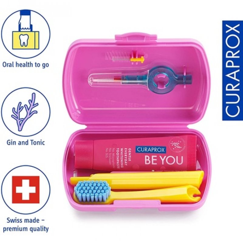 Curaprox Travel Set Pink - Collapsible Travel Toothbrush CS 5460 with 'Be You' Travel Toothpaste and 2 Interdental